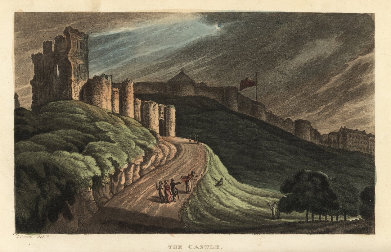 Scarborough Castle: turister som går opp bakken til steinslottet fra 1100-tallet. Håndfarget kobberstikk av Thomas Rowlandson etter en skisse av J. Green fra Poetical Sketches of Scarborough, Ackermann, London av Thomas Rowlandson