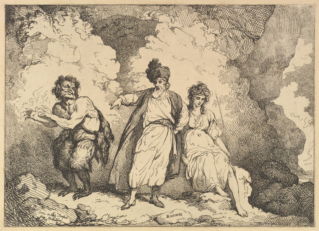 Scene fra stormen: Caliban, Prospero og Miranda, [1783-87] gjenutgitt 1801. av Thomas Rowlandson