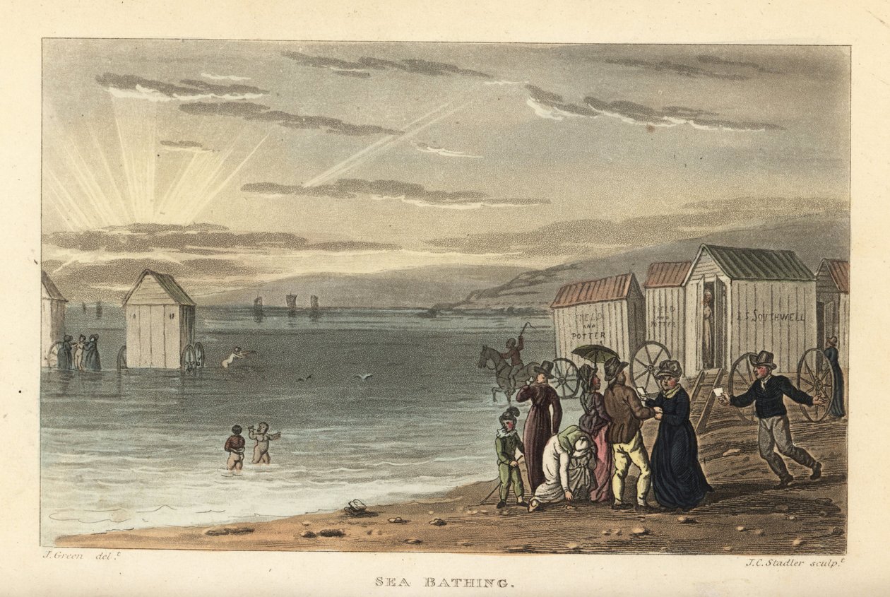 Havbading: nakne kvinner som svømmer i sjøen, og bademotorer som kjøres i vannet. Håndfarget kobberstikk av Thomas Rowlandson, akvatint av J.C. Stadler, etter en skisse av J. Green fra Poetical Sketches of Scarborough, Ackermann, L av Thomas Rowlandson