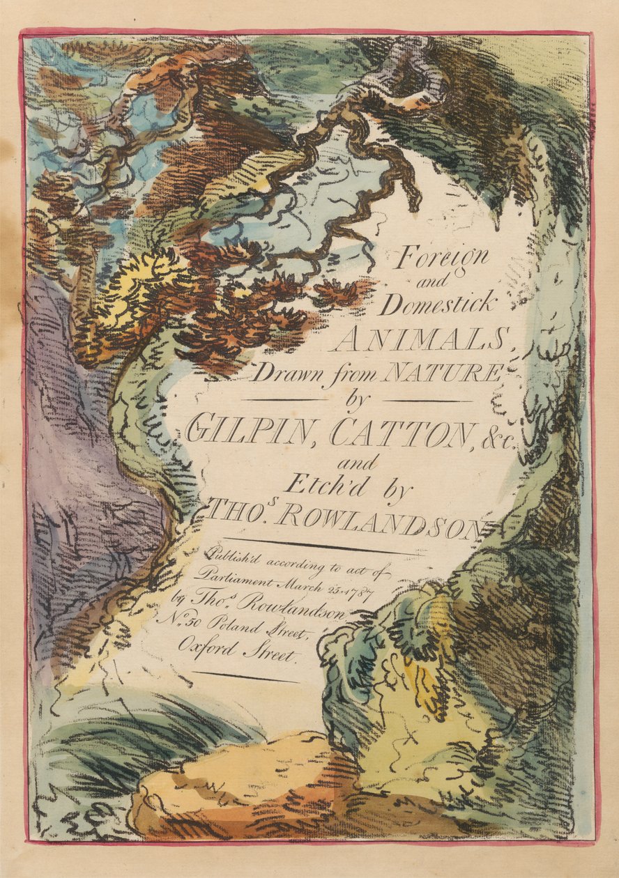Sett på åtte med tittelside. 'Utenlandske dyr og husdyr.' 1. Bavianen av Thomas Rowlandson