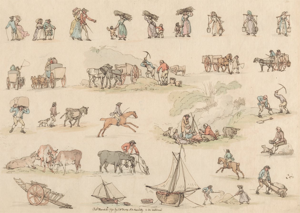 Sett med seksten: konturer av figurer og landskap av Thomas Rowlandson