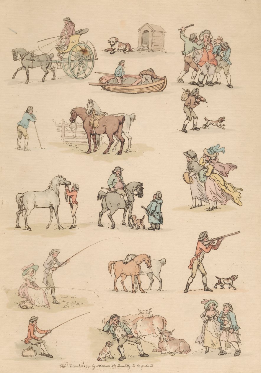 Sett med seksten: konturer av figurer og landskap av Thomas Rowlandson