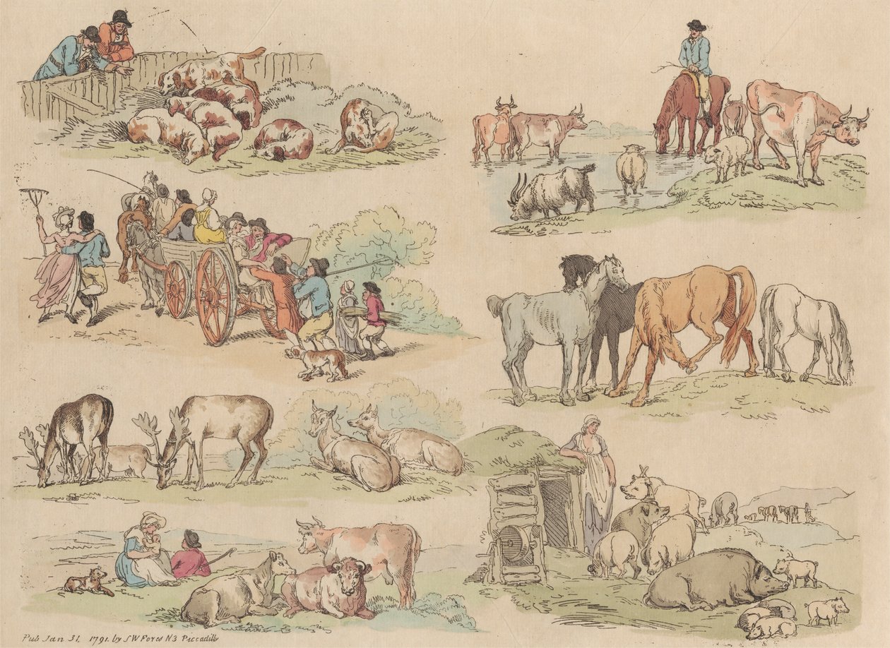 Sett med seksten: konturer av figurer og landskap av Thomas Rowlandson