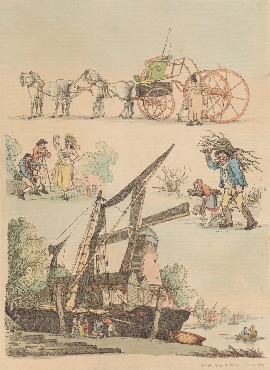 Sett med seksten: konturer av figurer og landskap av Thomas Rowlandson