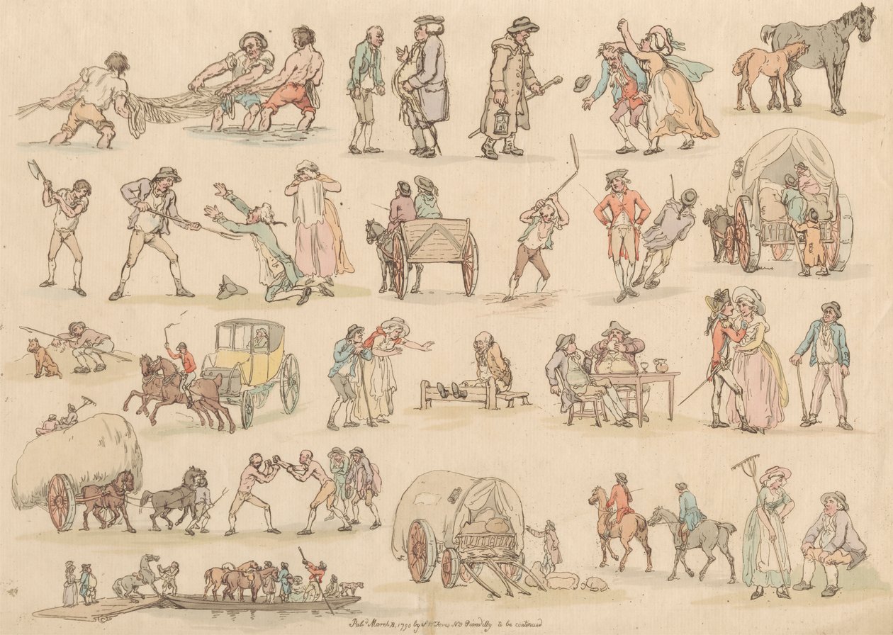 Sett med seksten: konturer av figurer og landskap av Thomas Rowlandson