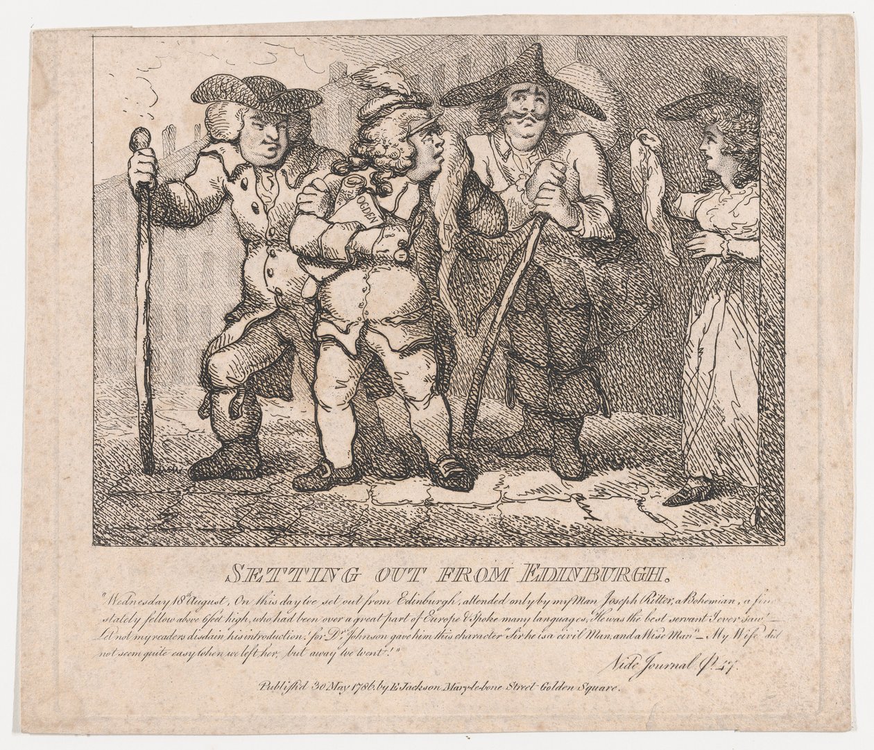 Setter ut fra Edinburgh Picturesque Beauties of Boswell, Part the Second, mai..., 30. mai 1786. av Thomas Rowlandson