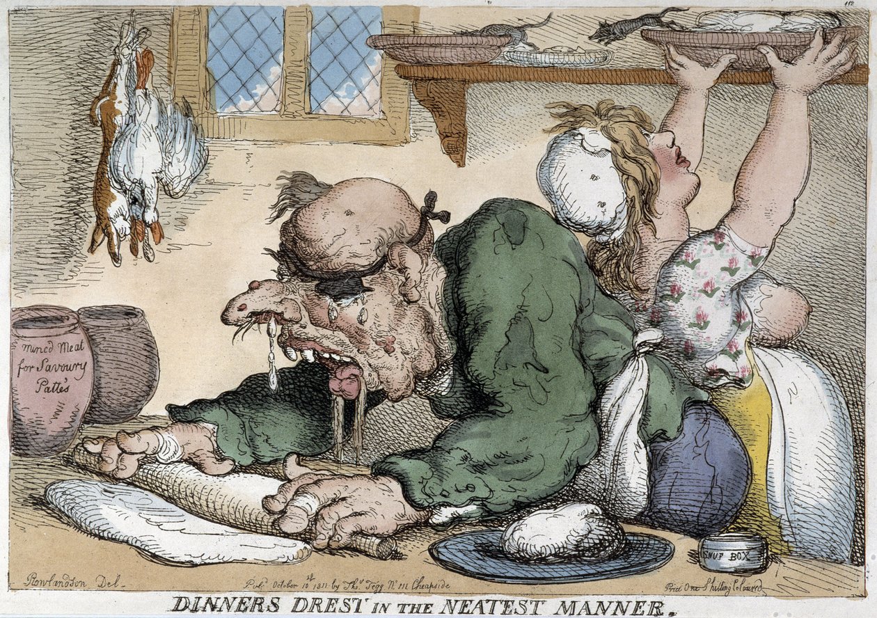 Syk mann forbereder måltidet - Tegneserie av Rowlandson av Thomas Rowlandson