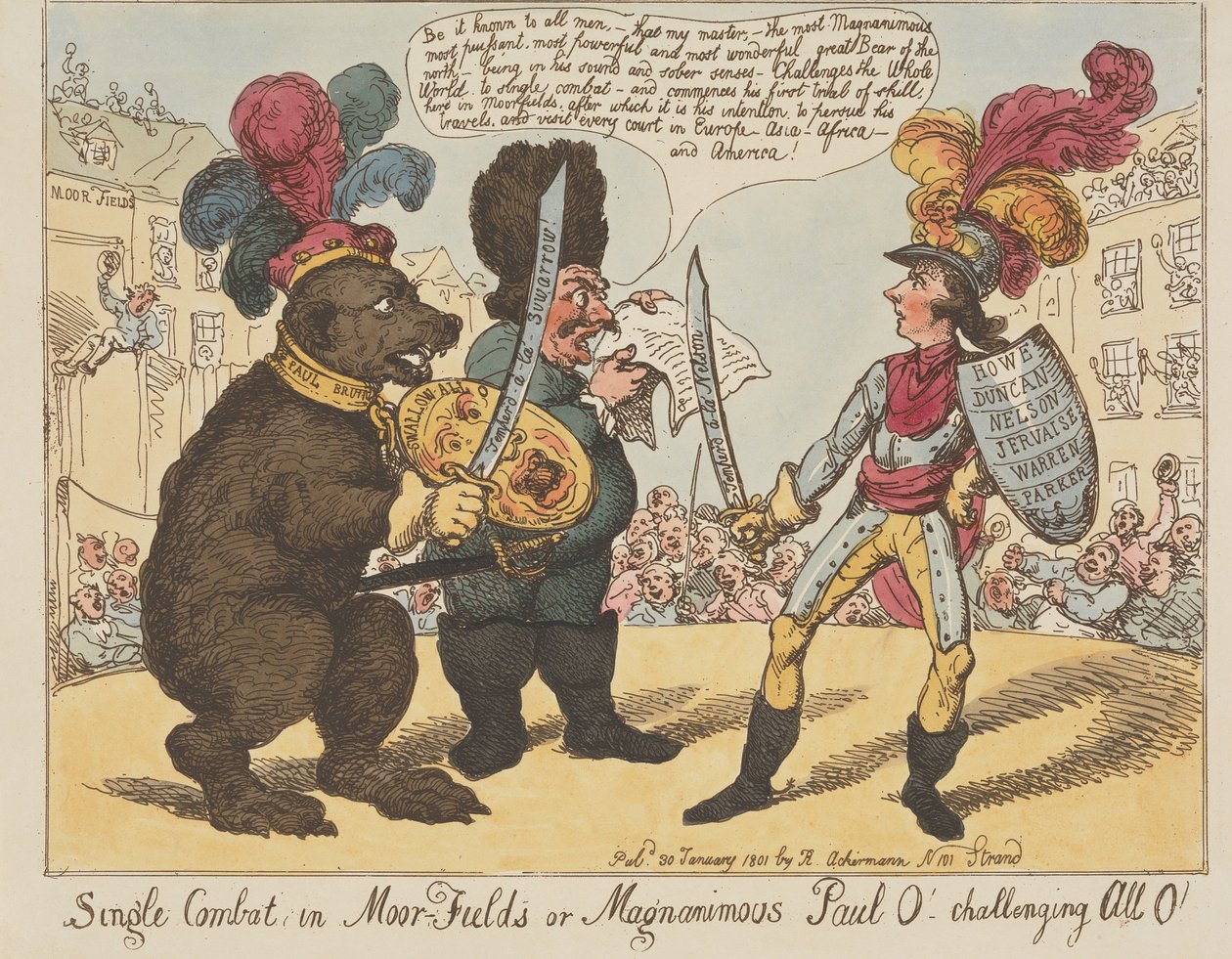 Tvekamp i Moorfields, eller den storsinnede Paul O! - som utfordrer alle O! (fra: Caricature, bd. 4) av Thomas Rowlandson