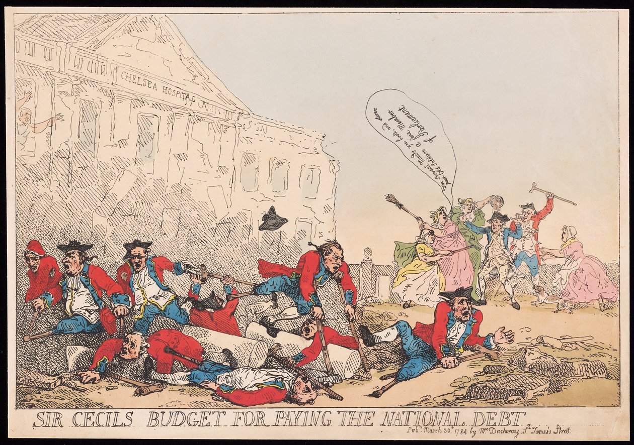 Sir Cecils budsjett for å betale statsgjelden, pub. 1784 (håndfarget gravering) av Thomas Rowlandson