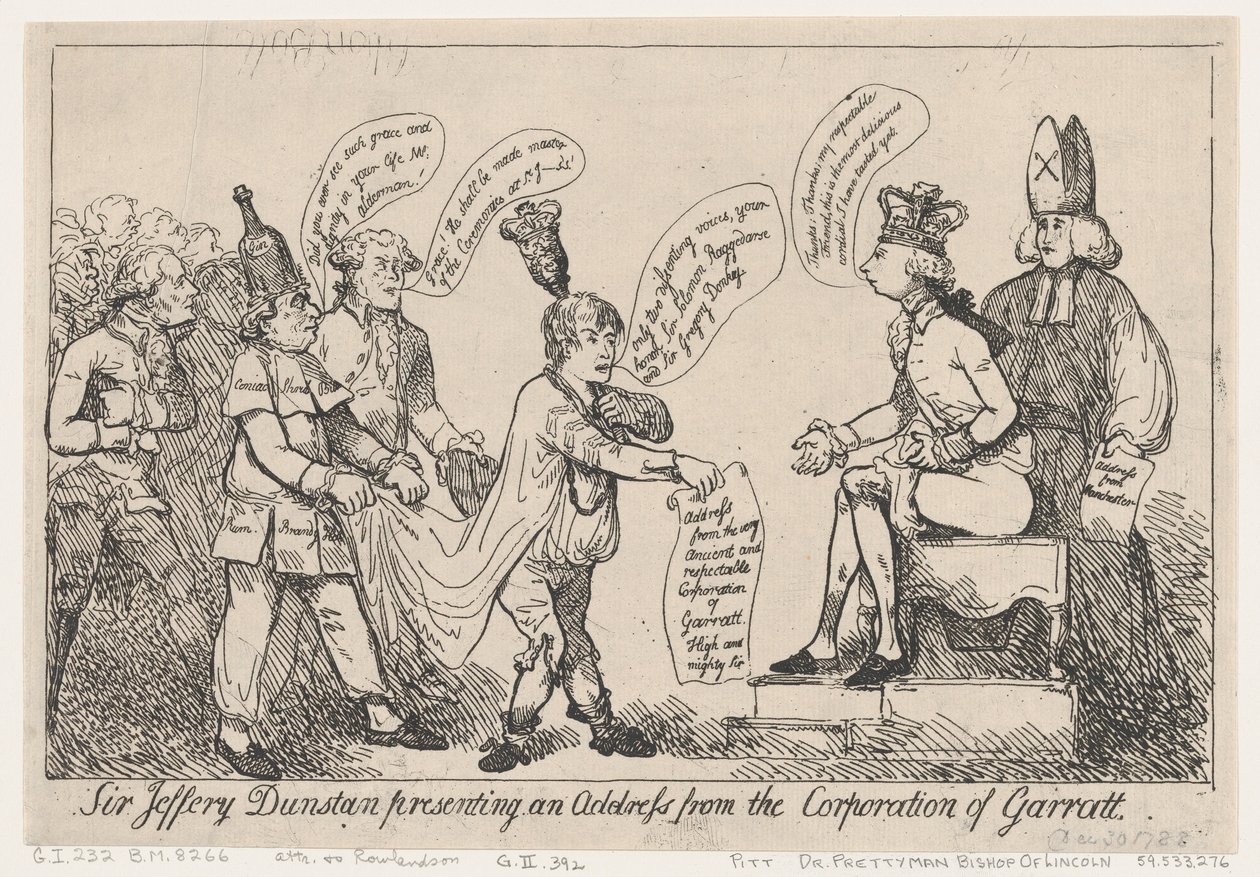 Sir Jeffery Dunstan presenterer en adresse fra Corporation of Garratt, De..., 30. desember 1788. av Thomas Rowlandson