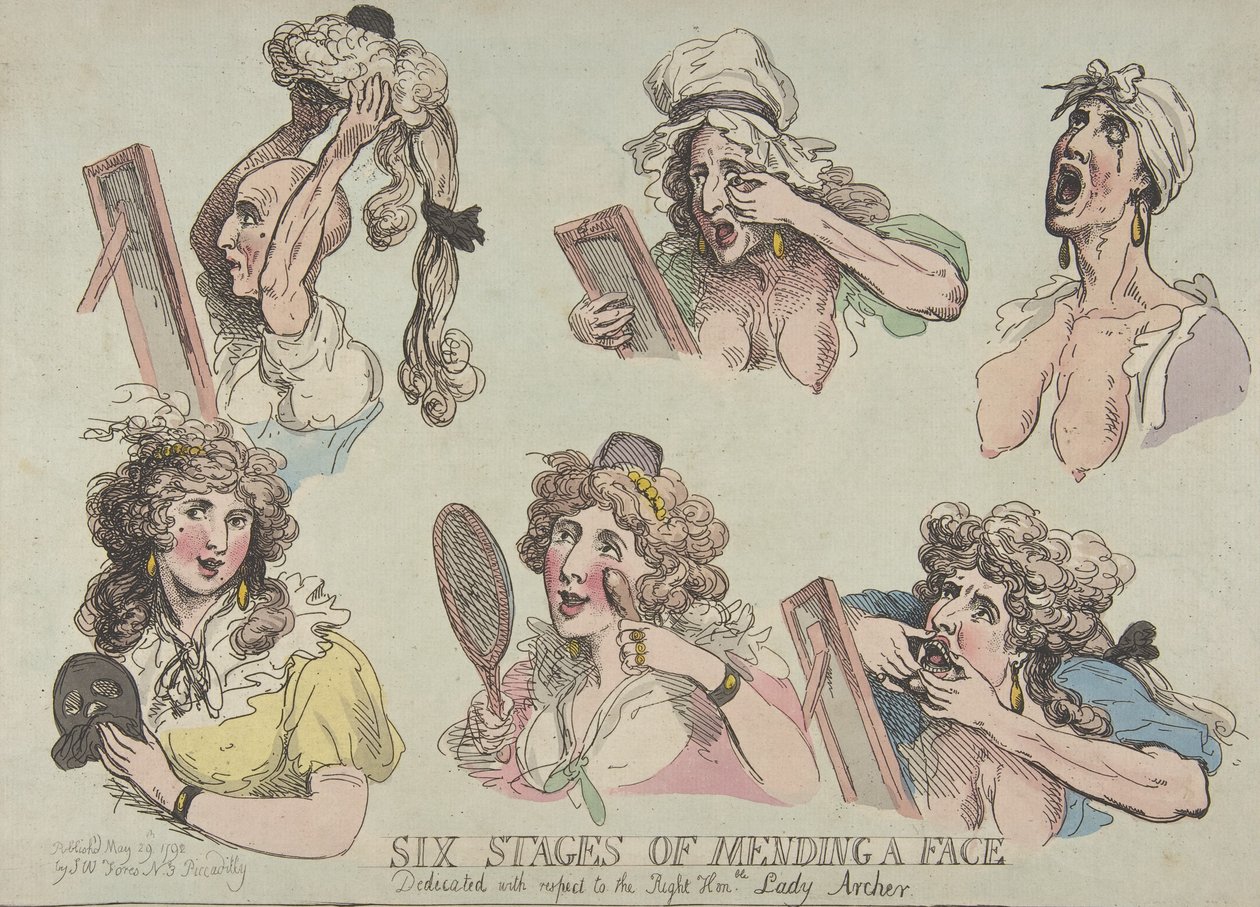 Seks stadier av å reparere et ansikt, dedikert med hensyn til den høyre æren. Lady Ar..., 29. mai 1792. av Thomas Rowlandson