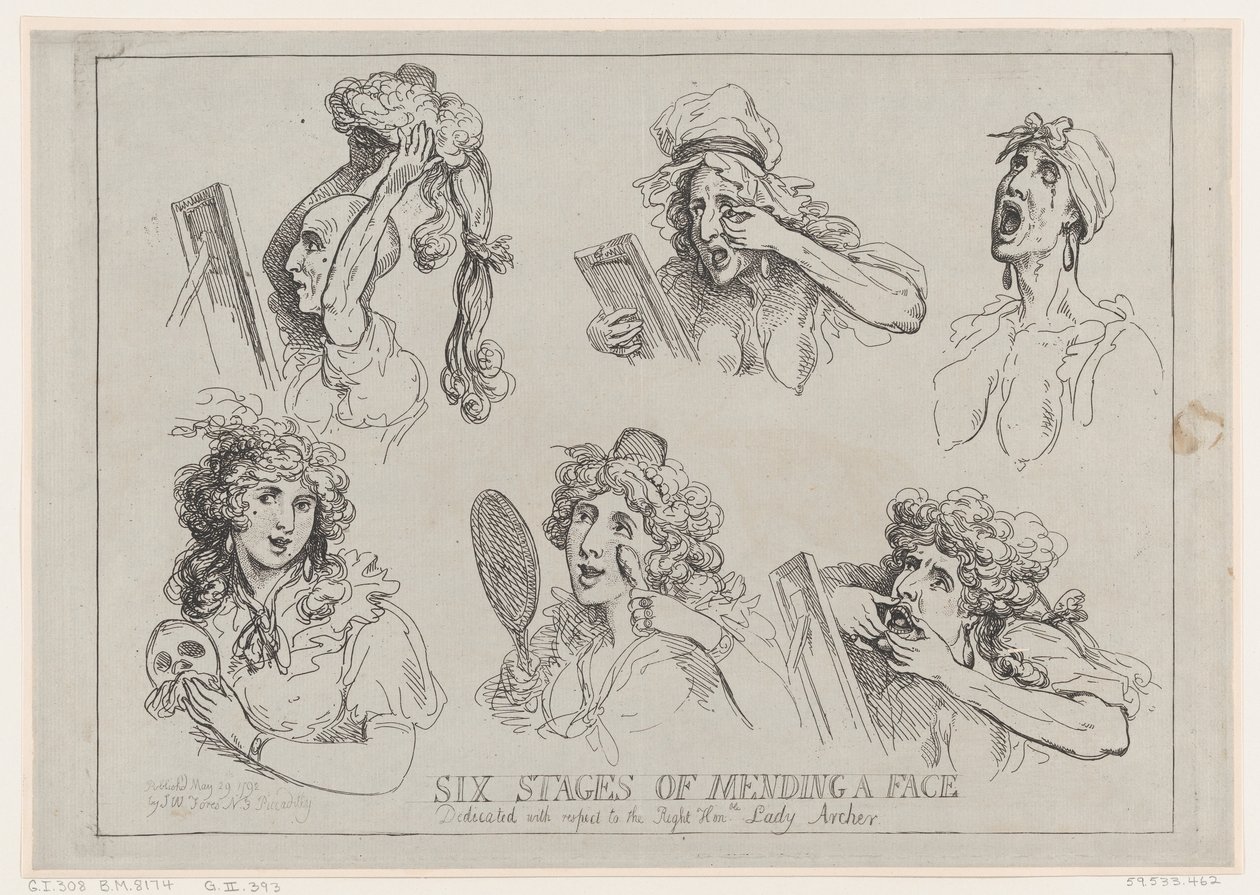 Seks stadier av å reparere et ansikt, dedikert med hensyn til den høyre æren. Lady Ar..., 29. mai 1792. av Thomas Rowlandson