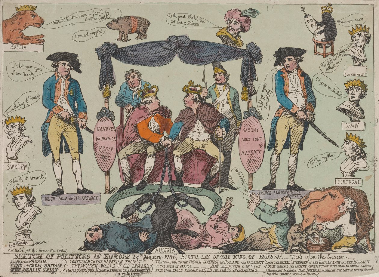 Politisk oversikt over Europa, 24. januar 1786 – Fødselsdagen til kongen av Preussen--- av Thomas Rowlandson
