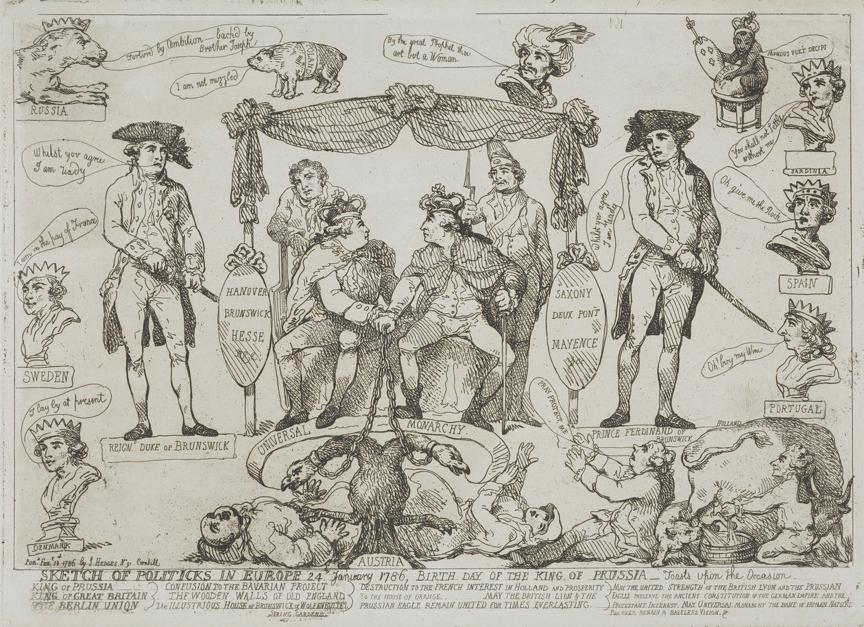 Politisk oversikt over Europa, 24. januar 1786 – Fødselsdagen til kongen av Preussen av Thomas Rowlandson