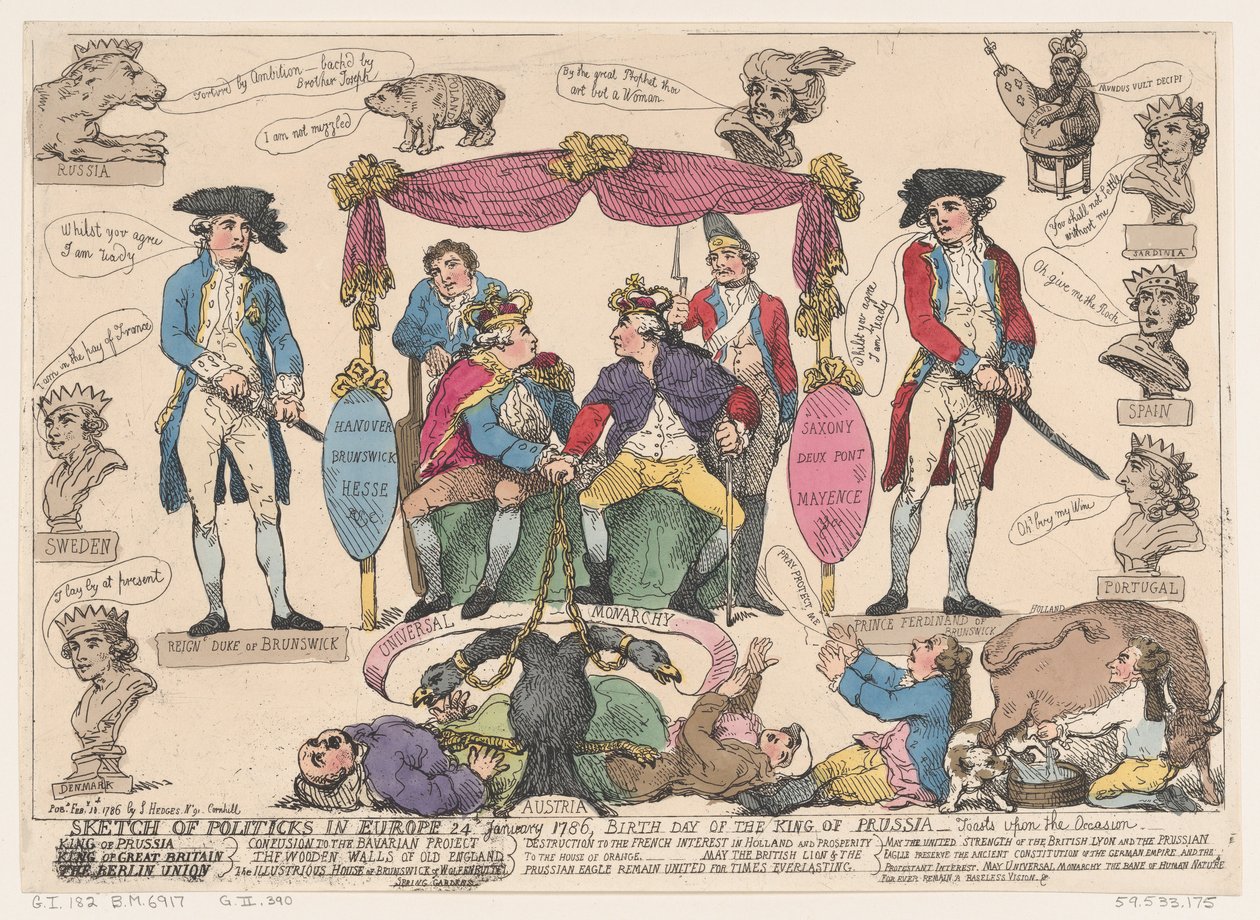 Skisse av Politiks i Europa, fødselsdagen til kongen av Preussen, 10. februar 1786., 10. februar 1786 av Thomas Rowlandson