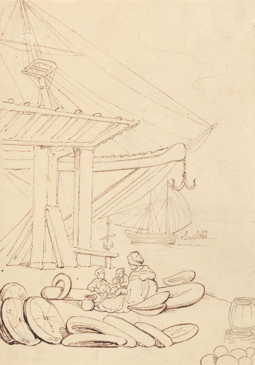 Skisse av en kvinne og barn som sitter på en lastekaia av Thomas Rowlandson