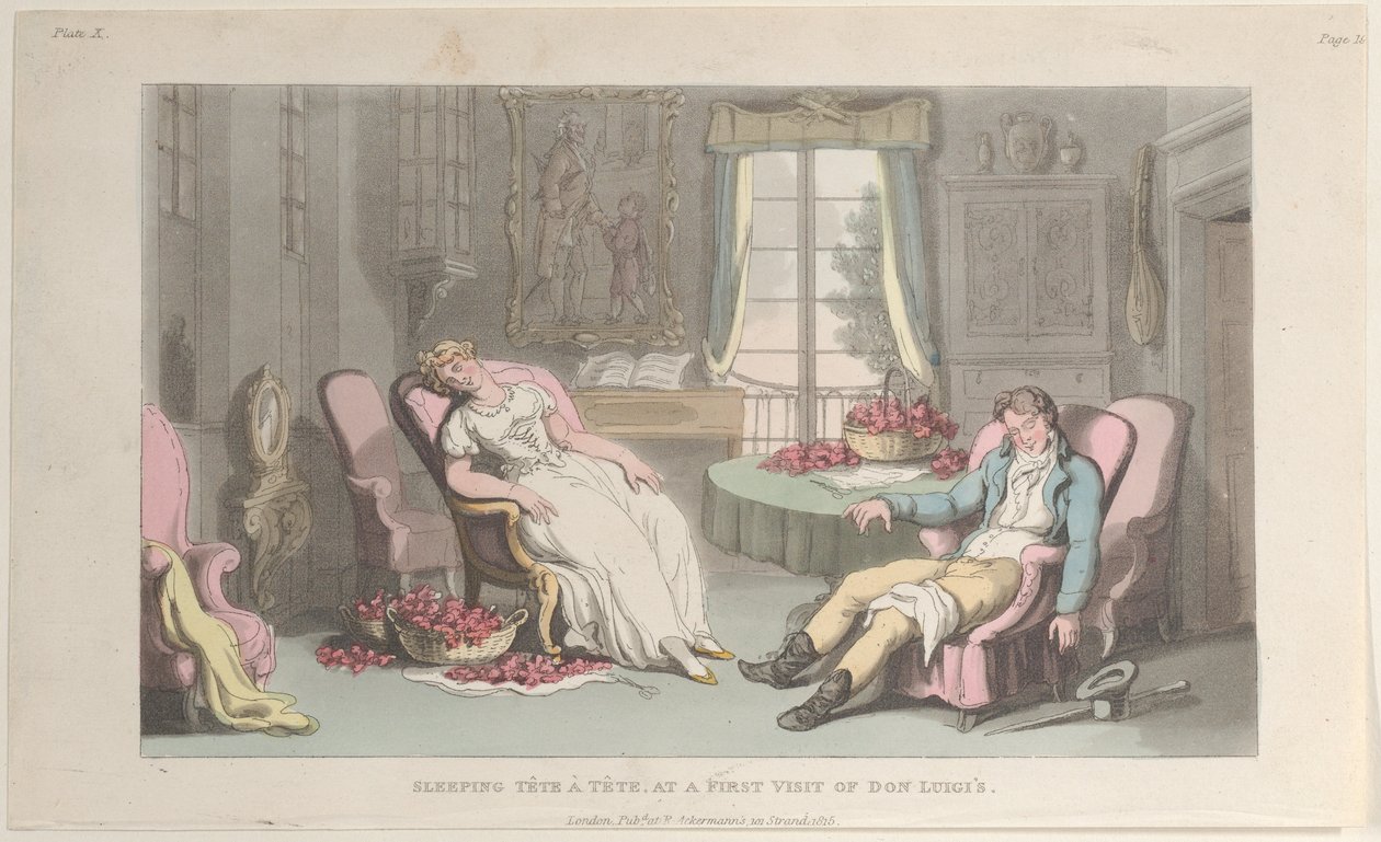 Sleeping Tête à Tête, ved et første besøk av Don Luigi, fra Napoli og Campag..., 1. juni 1815. av Thomas Rowlandson