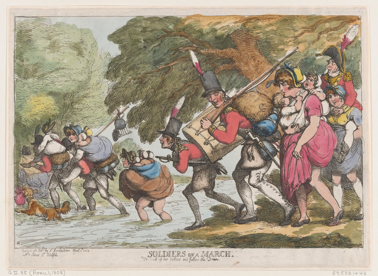 Soldater på en mars 1. april 1808., 1. april 1808. av Thomas Rowlandson