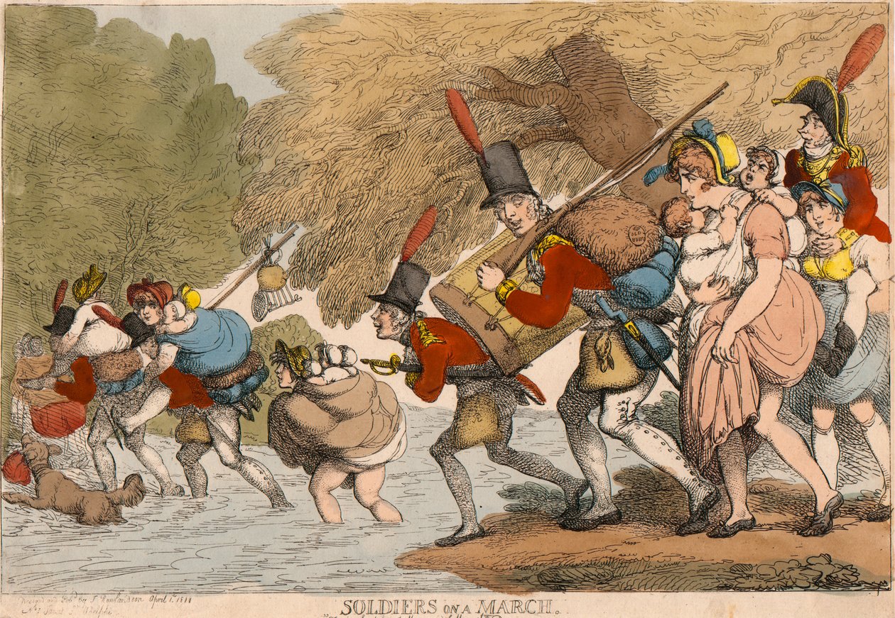 Soldater på mars: "Å pakke sammen filler og følge tromme" av Thomas Rowlandson
