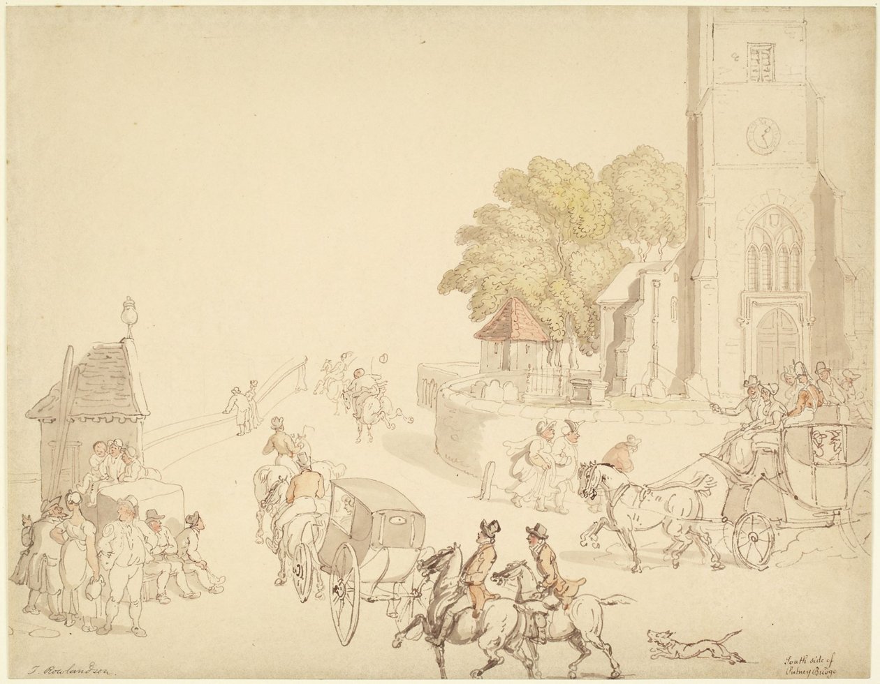 Sørsiden av Putney Bridge av Thomas Rowlandson