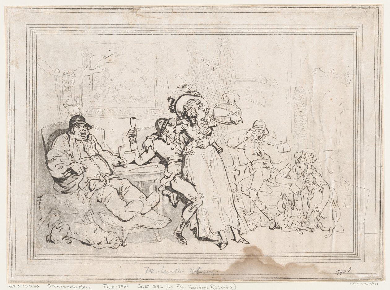 Sportsmannshallen, eller «Fox-Hunters Relaxing» av Thomas Rowlandson
