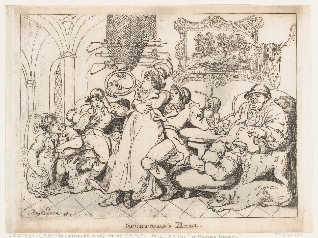 Sportsmannshallen, eller «Fox-Hunters Relaxing» av Thomas Rowlandson