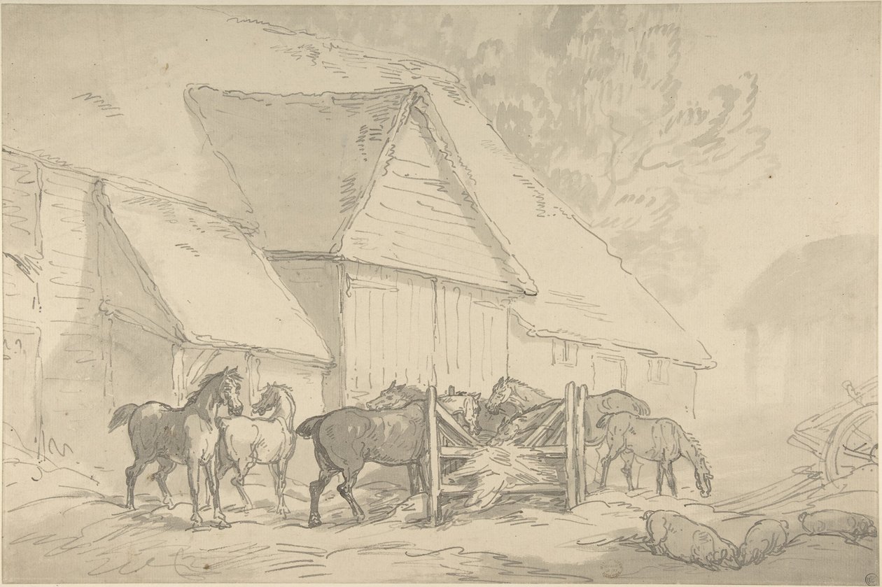 Stallgård med hester av Thomas Rowlandson