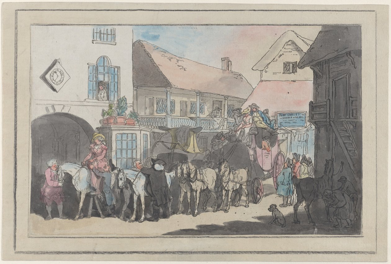 Scenecoach og ryttere i gården til et vertshus, forbereder seg til avreise, 1789-95., 1789-95. av Thomas Rowlandson