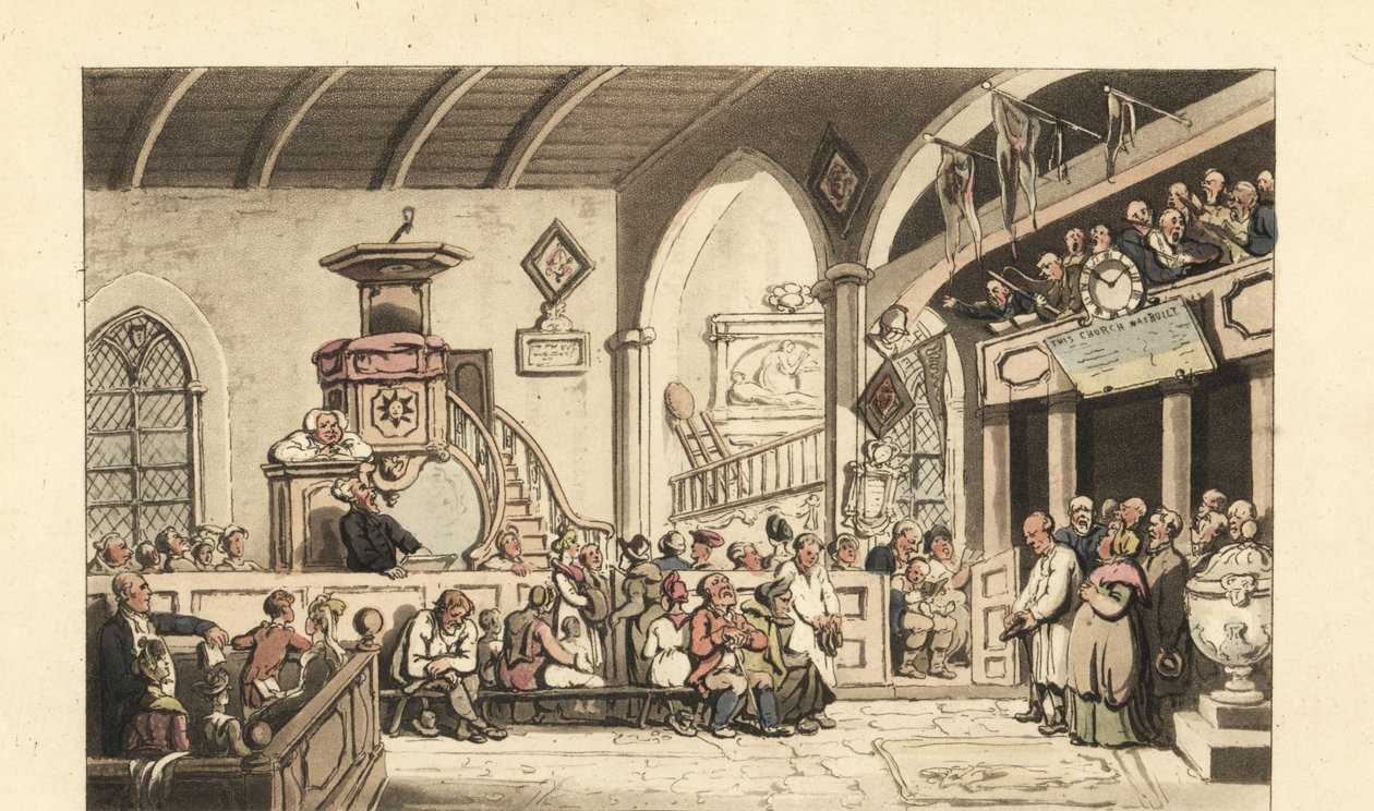 Søndagsgudstjeneste i en landskirke, Regency Era av Thomas Rowlandson