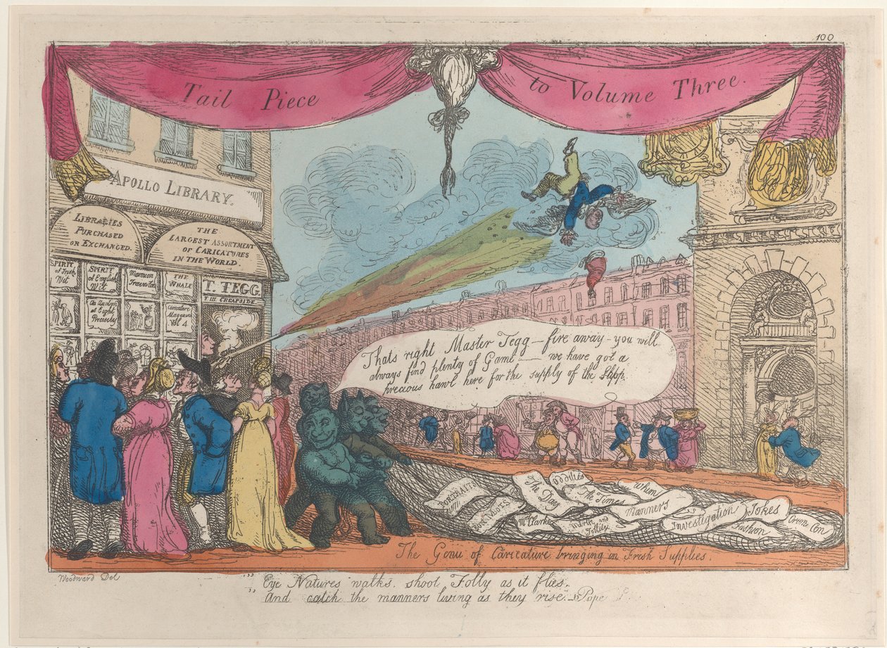 Tail Piece to Volume Three: The Genii of Caricature Bringing in Fresh Supplies, 1808-21., 1808-21. av Thomas Rowlandson
