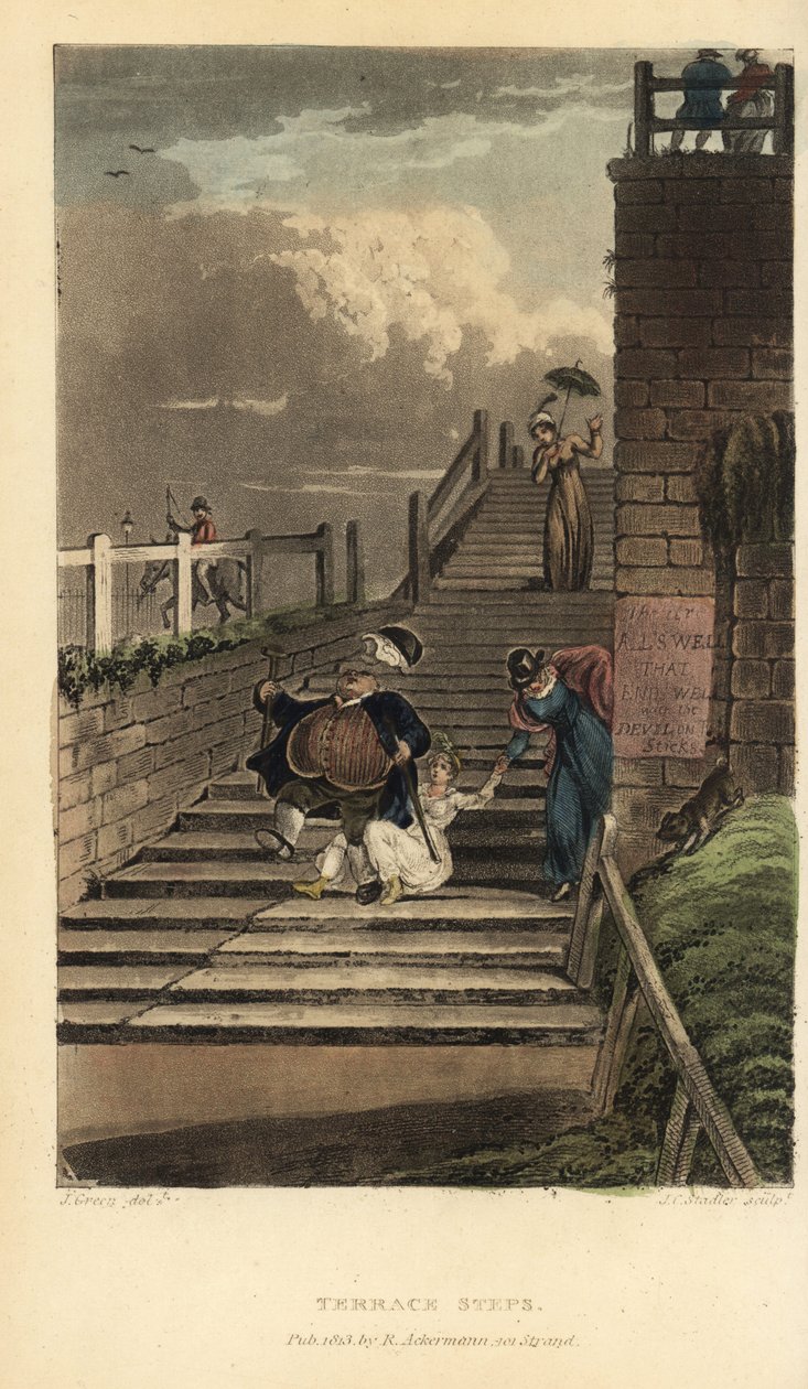 Terrassetrinn: turister faller ned trappene til Cliff Terrace. Håndfarget kobberstikk av Thomas Rowlandson, akvatint av J.C. Stadler, etter en skisse av J. Green fra Poetical Sketches of Scarborough, Ackermann, London av Thomas Rowlandson