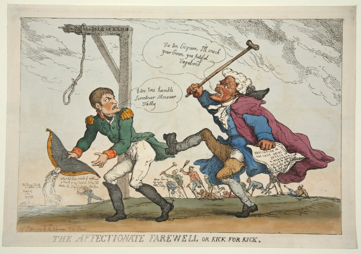The Affective Farewell eller Kick for Kick, pub. 1814 (håndfarget gravering) av Thomas Rowlandson