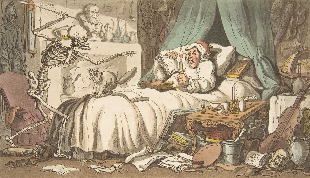 Antikvarens siste vilje og testamente Den engelske dødsdansen, plate 2, Ap..., 1. april 1814. av Thomas Rowlandson