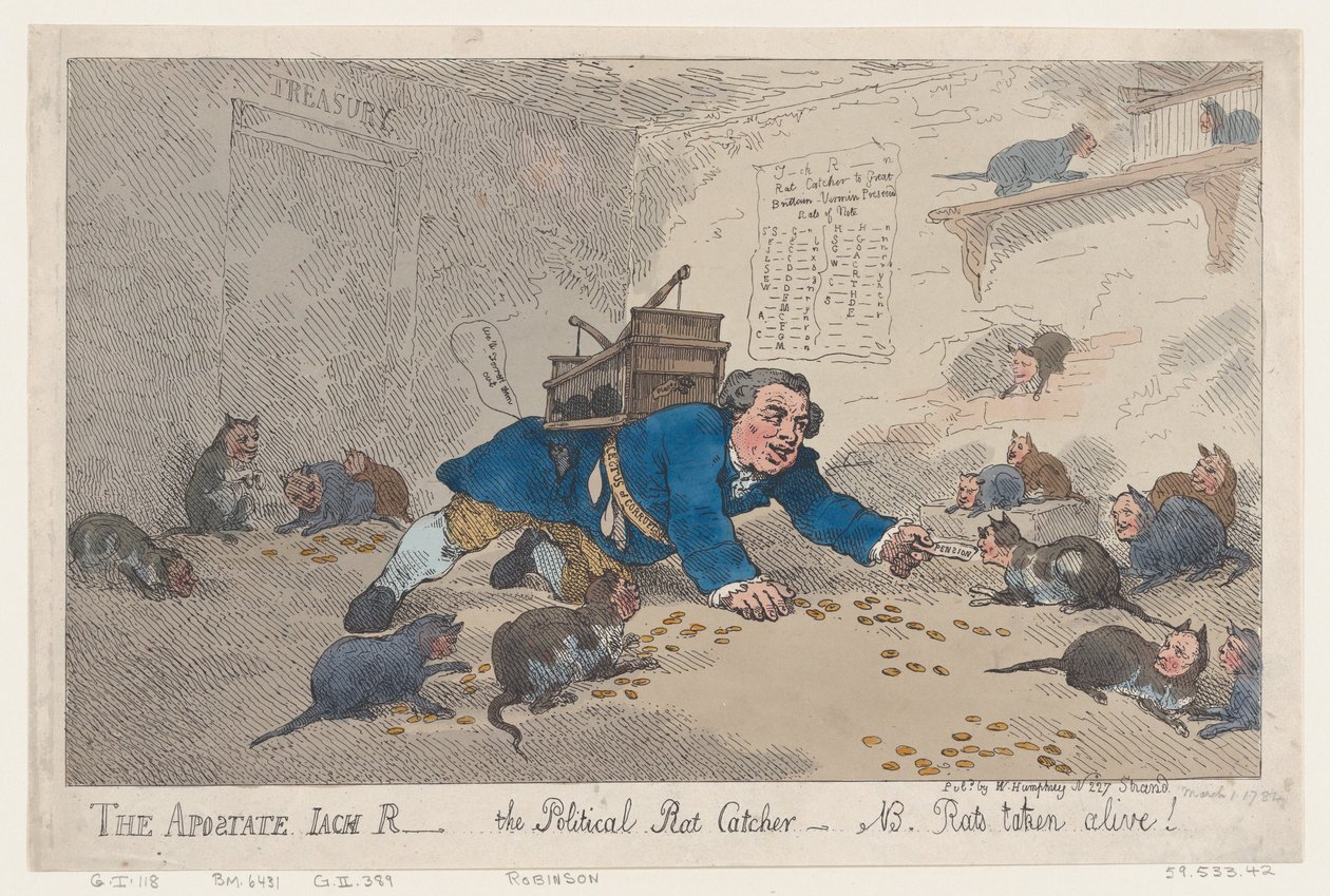 The Apostate Jack Robinson, The Political Rat Catcher-N.B. Rotter tatt levende!, mars..., 1. mars 1784. av Thomas Rowlandson