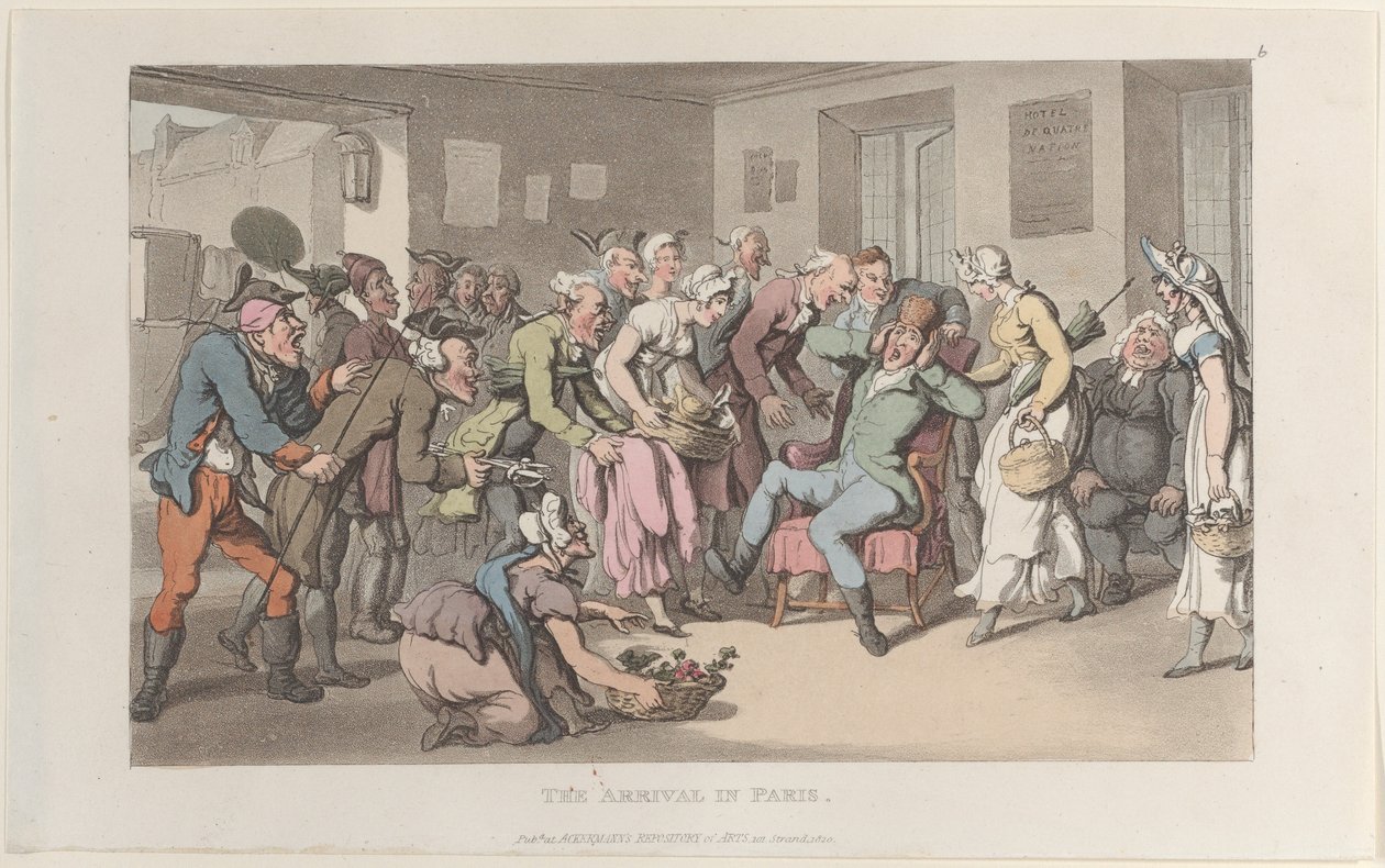 The Arrival in Paris, fra Journal of Sentimental Travels in the Southern Provinces of Fr..., 1820. av Thomas Rowlandson