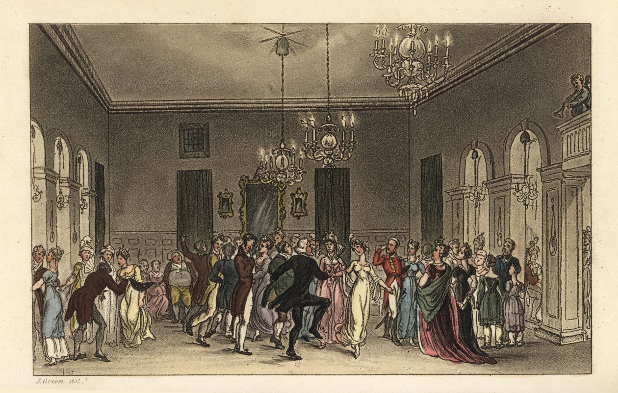 The Ball Room: fasjonable turister som danser i Scarborough Assembly Rooms. Hver gentleman som danser betaler 2s, og hver dame som drikker te betaler 1s. Håndfarget kobberstikk av Thomas Rowlandson etter en skisse av J. Green fra Poetical Sketches av Thomas Rowlandson