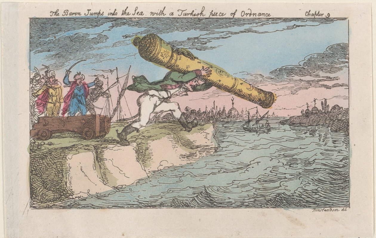 Baronen hopper i havet med et tyrkisk stykke ammunisjon, [1809], re..., [1809], gjenutgitt 1811. av Thomas Rowlandson