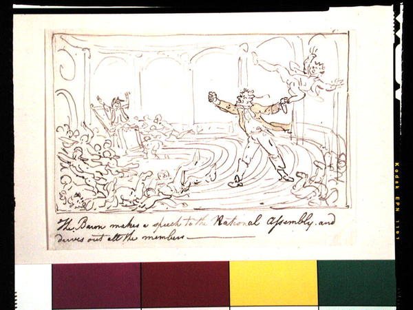 Baronen holder en tale til nasjonalforsamlingen og driver ut alle medlemmene (penn og blekk og akvarell på papir) av Thomas Rowlandson