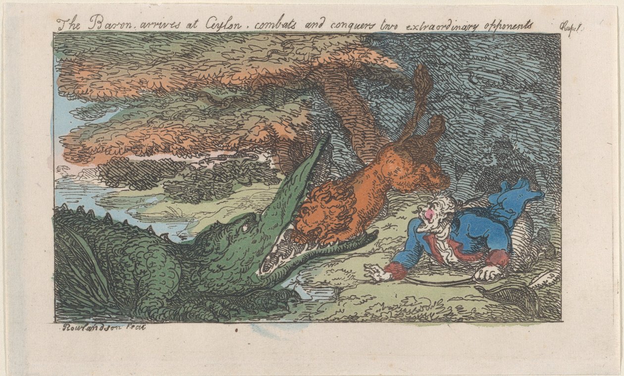 Baronen ankommer Ceylon, bekjemper og erobrer to ekstraordinære motstandere, [1809], gjenutgitt 1811. av Thomas Rowlandson