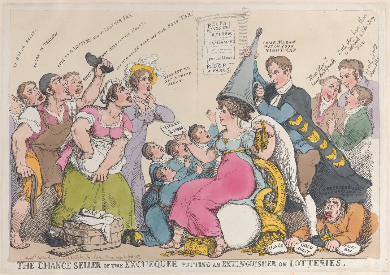 Sjanseselgeren av statskassen setter et brannslukningsapparat på lotterier, september..., 18. september 1823. av Thomas Rowlandson