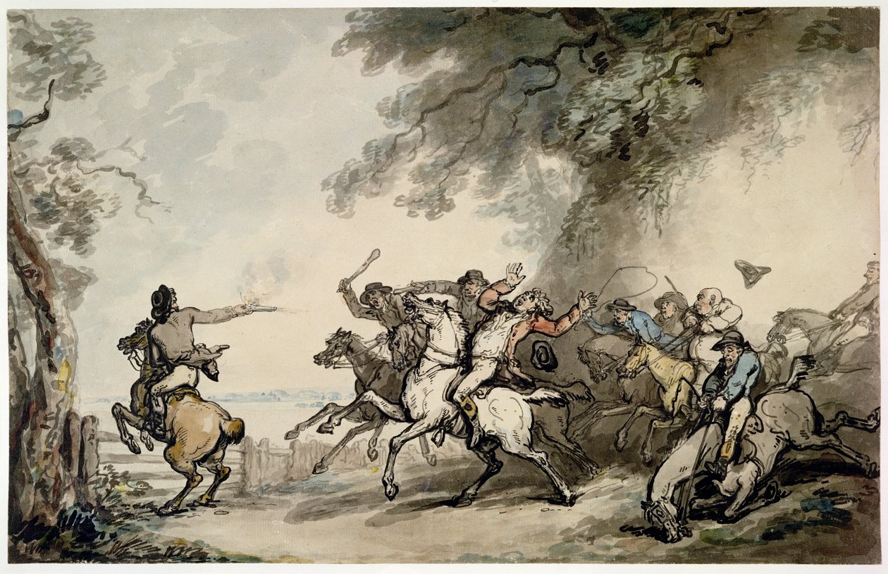 The Chase of the Highwayman, ca. 1790 (penn, blekk, wc og blyant på papir) av Thomas Rowlandson