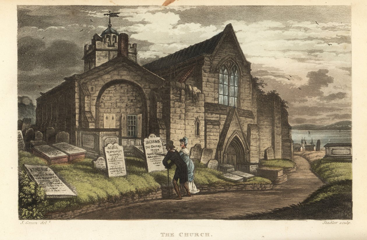 Kirken: gamle turister som leser gravsteinene i en gotisk kirkegård. Håndfarget kobberstikk av Thomas Rowlandson, akvatint av J.C. Stadler, etter en skisse av J. Green fra Poetical Sketches of Scarborough, Ackermann, London av Thomas Rowlandson