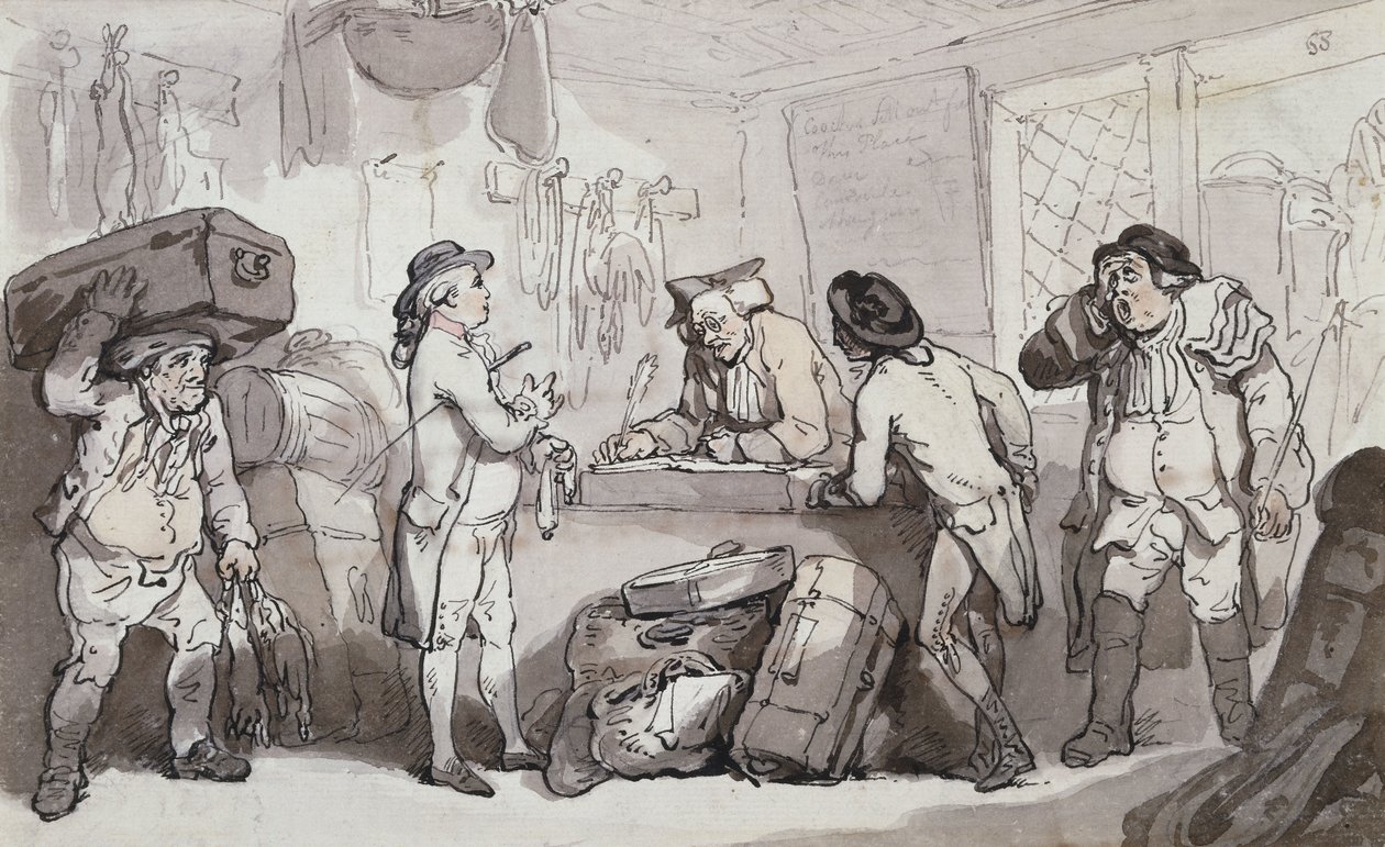 The Coach Booking Office: Thomas Rowlandson og Henry Wigstead booking deres passasje, av Thomas Rowlandson