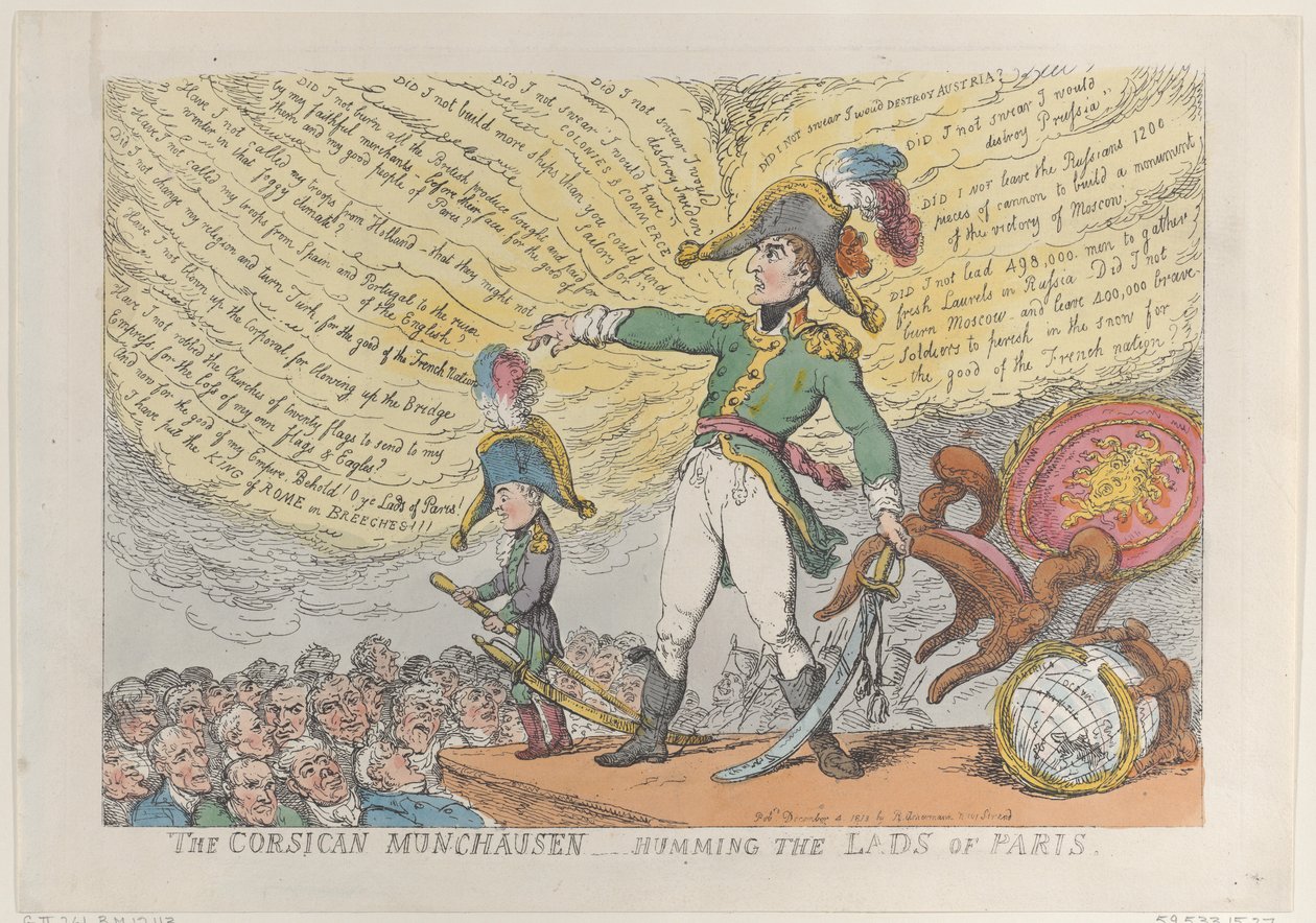 The Corsican Munchausen - Humming the Lads of Paris, 4. desember 1813., 4. desember 1813. av Thomas Rowlandson
