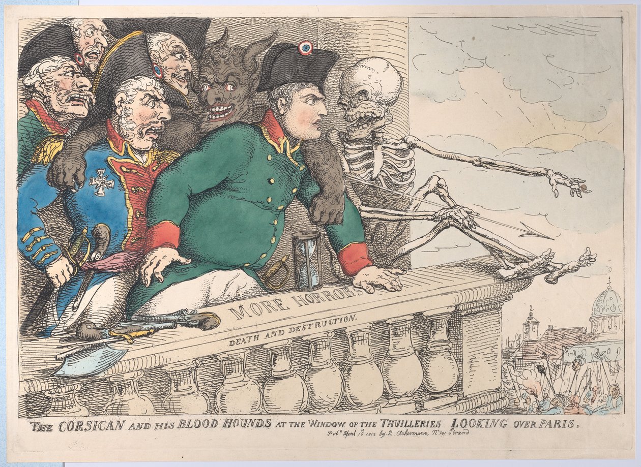 Korsikaneren og hans blodhunder ved vinduet til Thuilleriene ser over P..., 16. april 1815. av Thomas Rowlandson