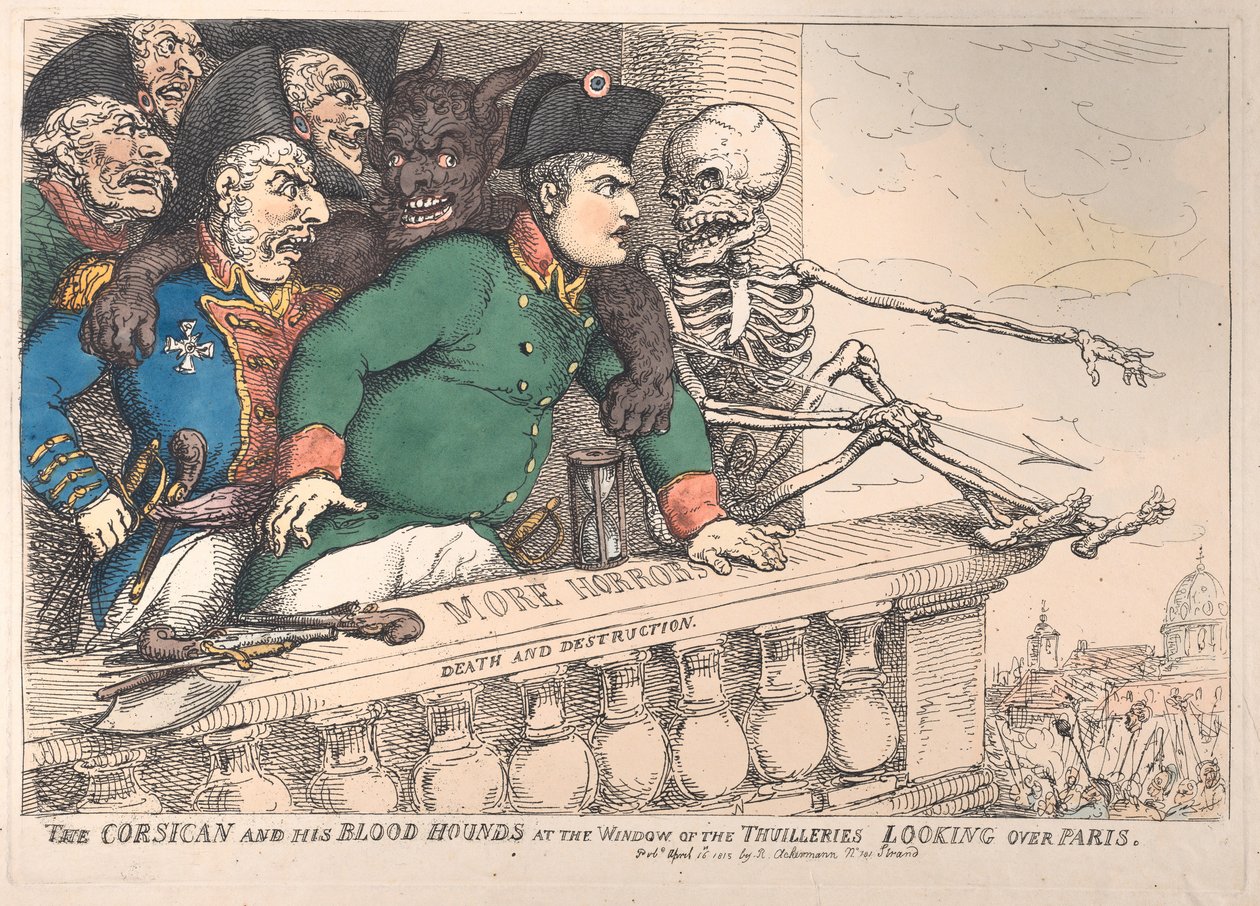 Korsikaneren og hans blodhunder ved vinduet til Thuilleriene ser over P..., 16. april 1815. av Thomas Rowlandson