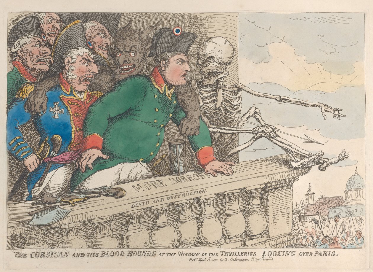 Korsikaneren og hans blodhunder ved vinduet til Thuilleriene ser over P..., 16. april 1815. av Thomas Rowlandson
