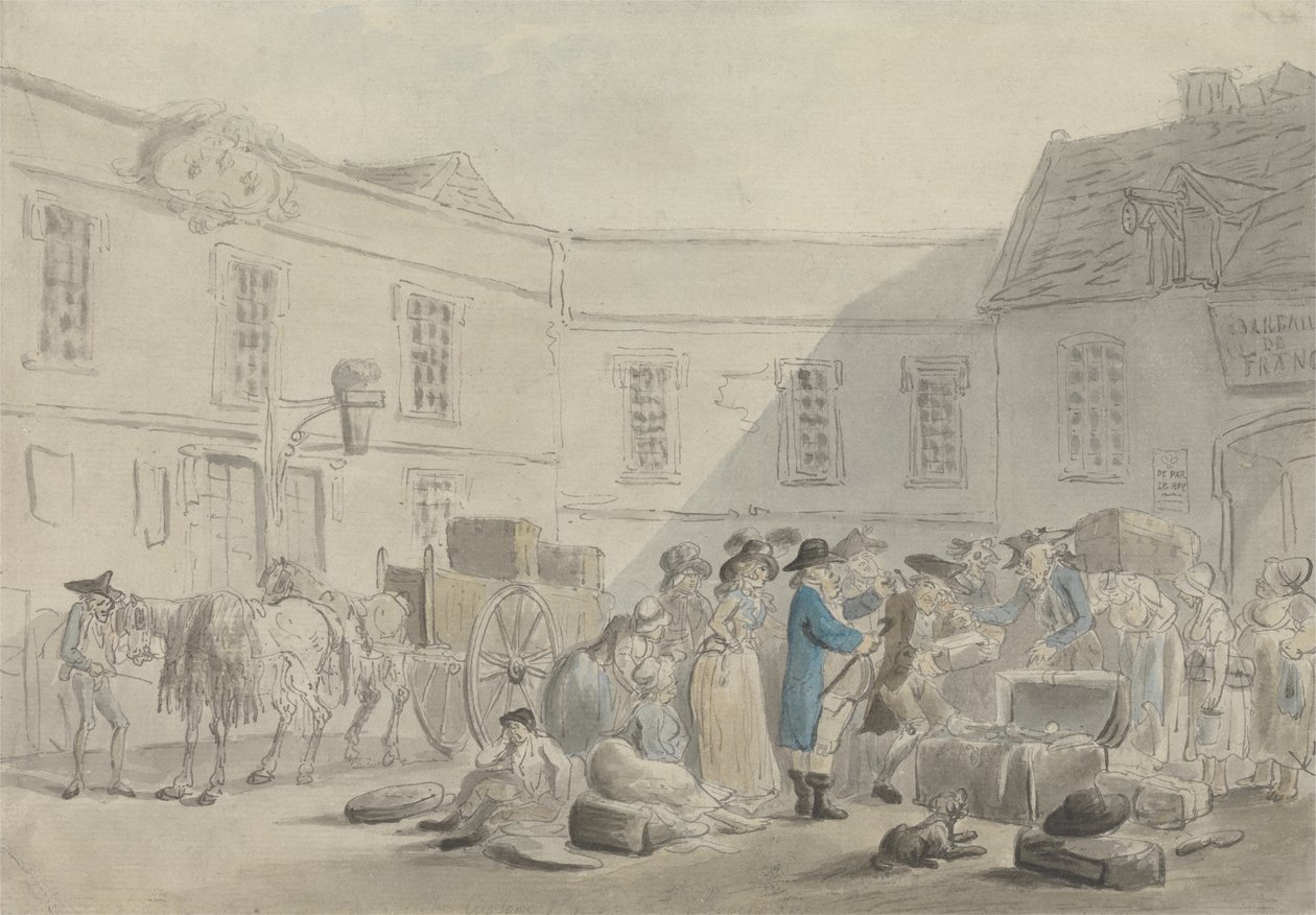 Tollhuset i Boulogne - verso: Grafittskisse av hester, vogner og bygninger (penn & blekk & w/c på papir) av Thomas Rowlandson