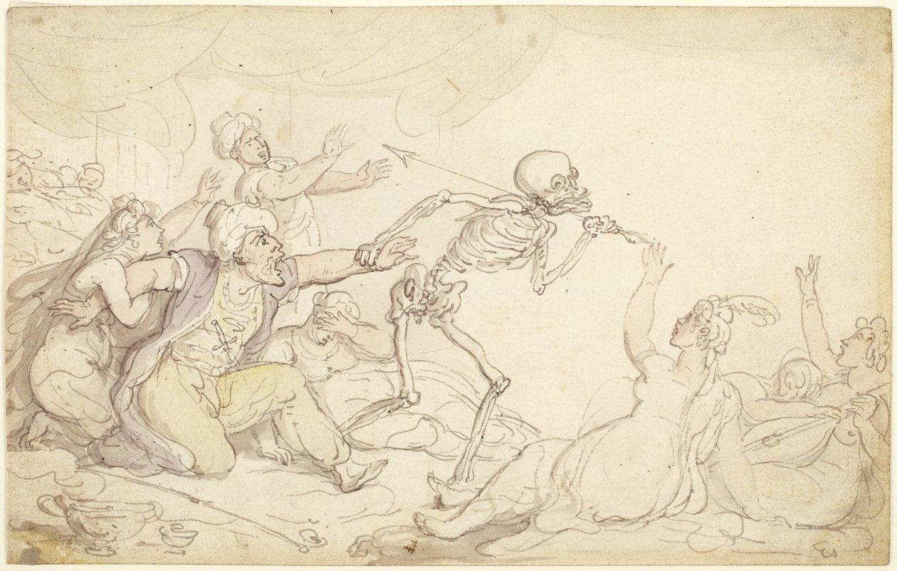 Dødens dans: Naboben ble pågrepet i sitt harem av Thomas Rowlandson