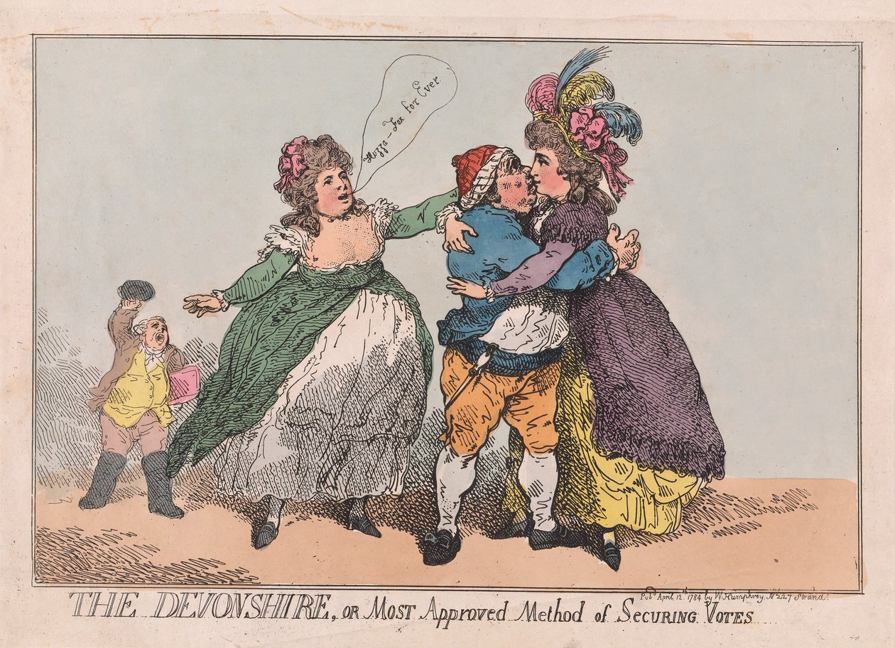 Devonshire, eller den mest godkjente metoden for å sikre stemmer, pub. 1784 (håndfarget gravering) av Thomas Rowlandson